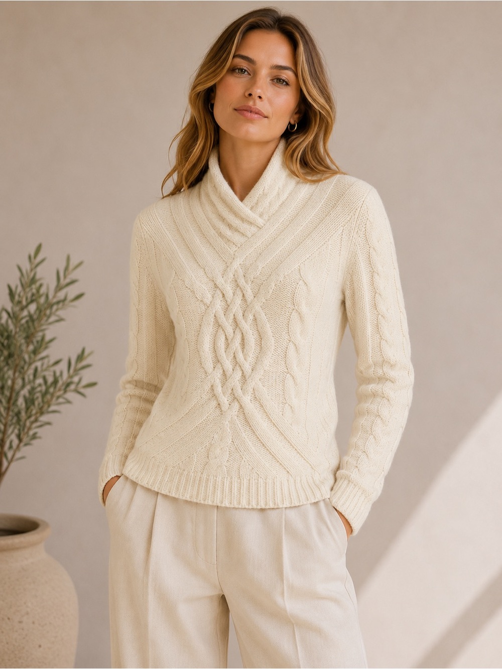 Saks Fifth Avenue Cashmere Cable Knit Sweater | Cream Cowl Neck | Size M